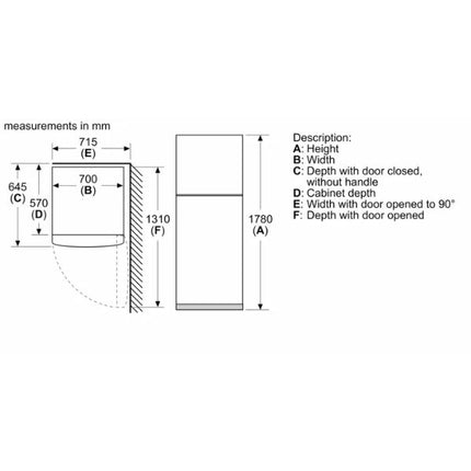 Bosch Series 2 Freestanding Fridge-freezer KDN43N12N5 Dimensions at Napev GH