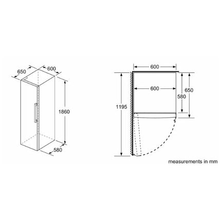 Bosch Series 4 free-standing fridge 186 x 60 cm KSV36VL3PG Dimensions at Napev GH